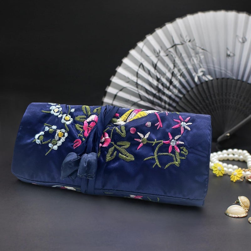 WEI LONG Jewelry Roll, Travel Jewelry Roll Bag,Silk Embroidery Brocade Jewelry Organizer Case with Tie Close (Blossom, Royal Blue) - Image 5
